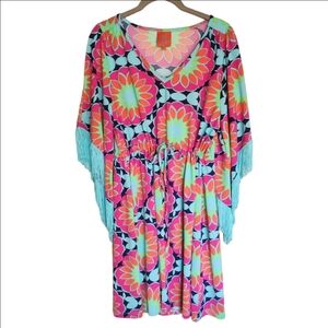 TRACY NEGOSHIAN VINTAGE 70s VIBE FRINGE SLEEVE V NECK DRESS MEDIUM LIKE NEW!